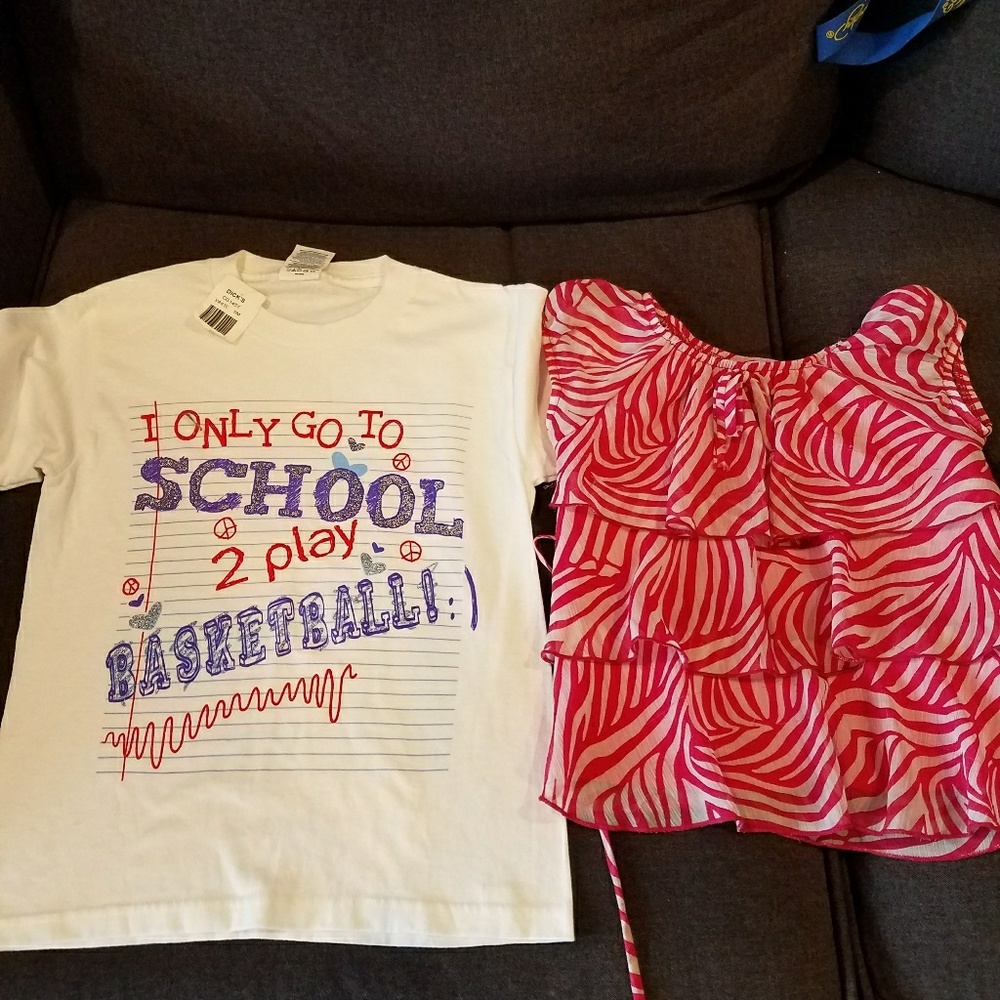 Girls T size S and pretty adjustable shirt size 6